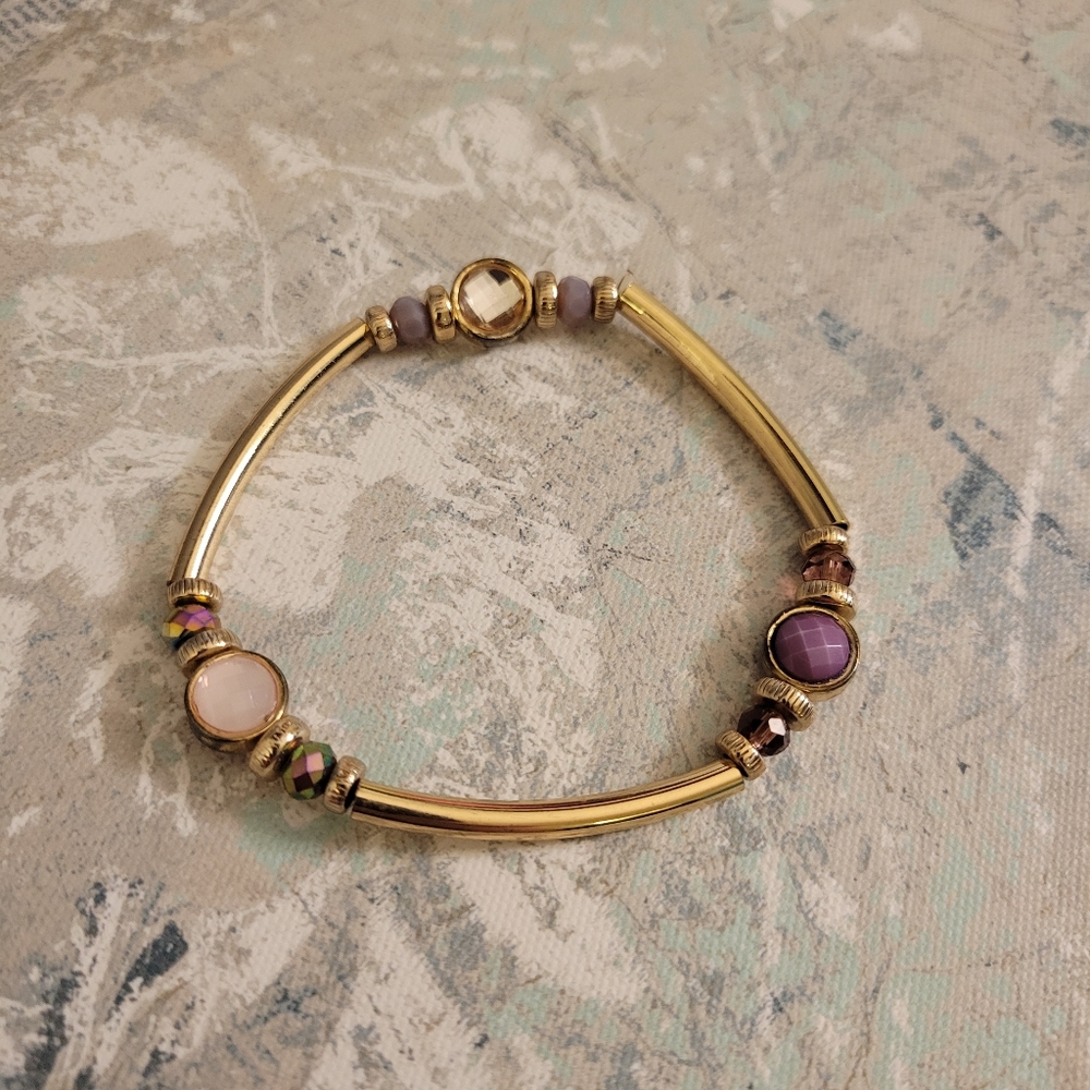 Gold Tone Beaded Crystal Accent Bar Link Bracelet and Large Square Stud Earrings - Picture 2 of 9